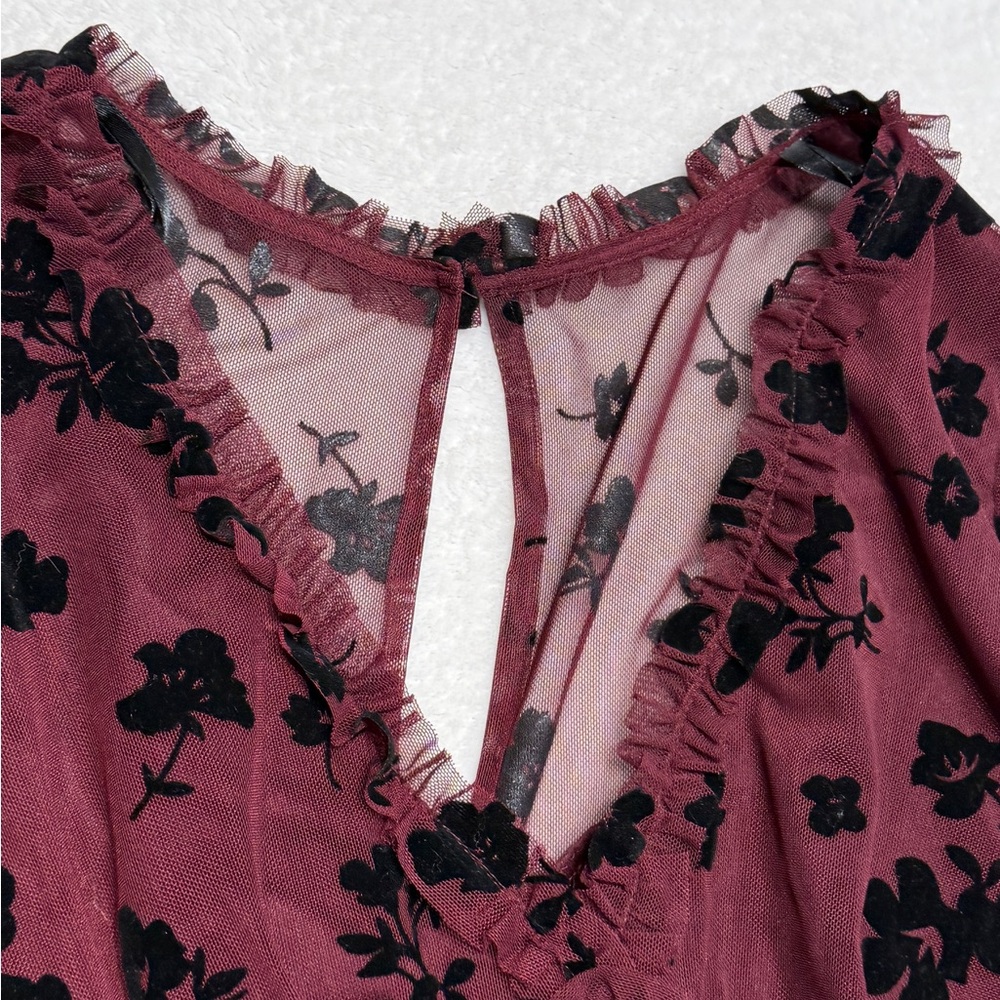 NWT Women Juniors Burgundy Floral Chiffon Dress Romantic Dreamy Sheer Size 7/8 - Picture 8 of 14